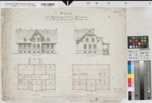 Münster, Strafanstalt. Entwurf zum Neubau eines Director-Wohnhauses bei der Königl. Strafanstalt Münster. Vorderansicht, Seitenansicht, Grundriß Erdgeschoss, Grundriss Dachgeschoss