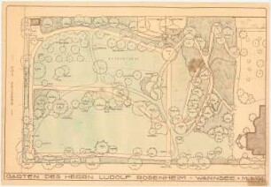 Garten Rosenheim, Berlin-Wannsee: Grundriss der Gartenanlage mit Höhen- und Pflanzenangaben, (Lichtpause von Inv.-Nr. 41067) mit Einzeichnung 1:100