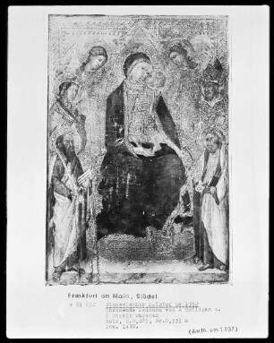 Thronende Madonna von vier Heiligen und zwei Engeln umgeben