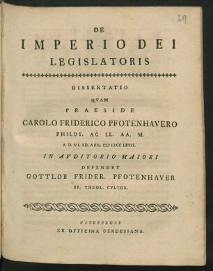 De Imperio Dei Legislatoris Dissertatio