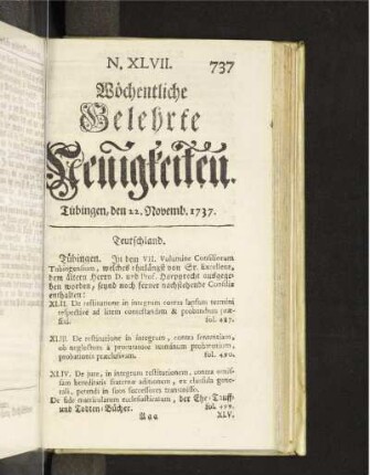 N. XLVII. Tübingen, den 22. Novemb. 1737