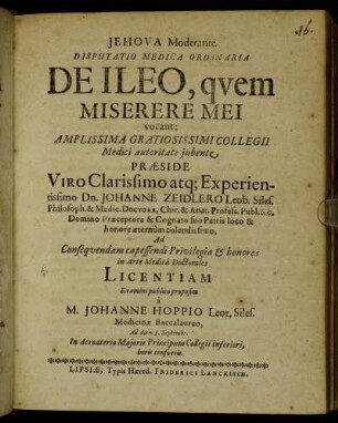 Disputatio Medica Ordinaria De Ileo, quem Miserere Mei vocant ...