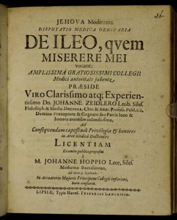 Disputatio Medica Ordinaria De Ileo, quem Miserere Mei vocant ...