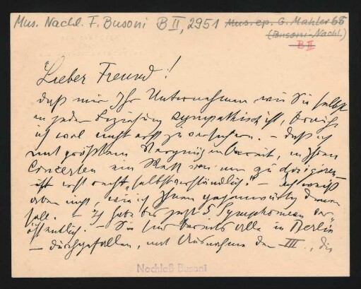 Briefkarte an Ferruccio Busoni : 13.09.1906