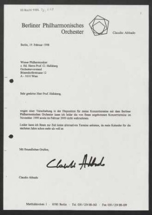 Brief an Clemens Hellsberg an Wiener Philharmoniker, 19.02.1998