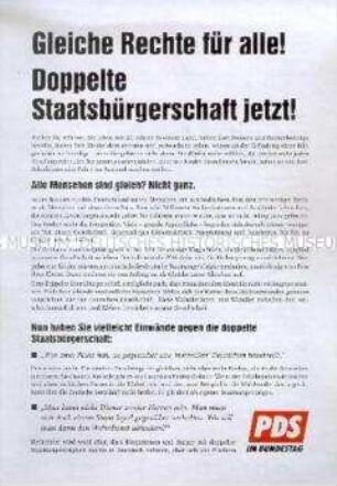 Propagandaflugblatt der PDS-Fraktion im Bundestag für die doppelte Staatsbürgerschaft