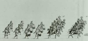 Götteraufzug Augusts des Starken 1695. Amazonen und Helden zu Pferd, Trommler und Pfeifer : Götteraufzug von Friedrich August I. (der Starke), Kurfürst von Sachsen, zum Karneval am 7. Februar 1695. Seite 7, Nr. 16 und 17: Amazonen und Helden zu Pferd, gefolgt von Trommelschlägern und Pfeifern. Dresden: Kupferstich-Kabinett B 1929, 2