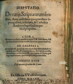 Dispvtatio De varijs Scripturarum sensibus