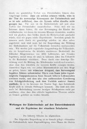 B. Wirkungen der Einheitsschule auf den Unterrichtsbetireb und die Ergebnisse der einzelnen Schularten.