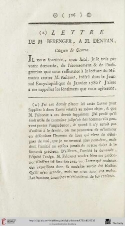 Lettre de M. Berenger, à M. Dentan, Citoyen de Geneve