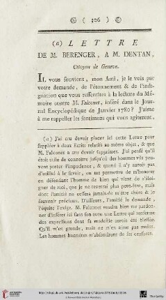 Lettre de M. Berenger, à M. Dentan, Citoyen de Geneve
