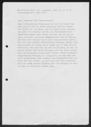 Brief von Gerhart Hauptmann an Hermann Elfner an Stadt Baden-Baden 