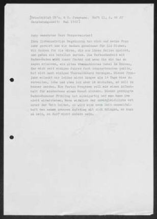 Brief von Gerhart Hauptmann an Hermann Elfner an Stadt Baden-Baden <Oberbürgermeister>