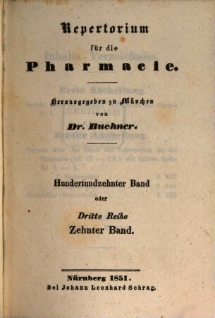 Repertorium für die Pharmacie. 110. 1851
