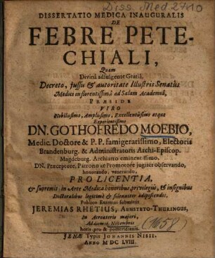 Dissertatio Medica Inauguralis De Febre Petechiali