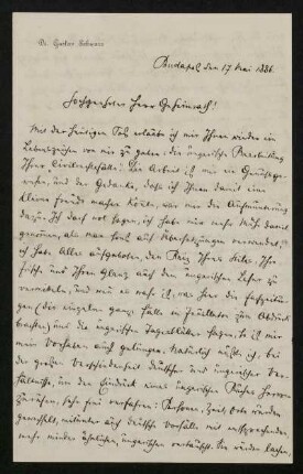 Bl. 14-15: Brief von Gustav Schwarz an Rudolf von Jhering, Budapest, 17.5.1886