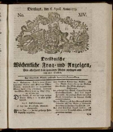 Dienstags, den 6. April. Anno. 1779. No. XIV. - Dienstags, den 25. Maii, Anno. 1779. No. XXI.