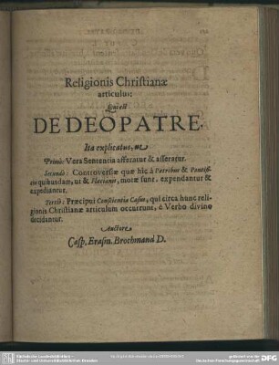 Religionis Chrstianae articulus: Qui est De Deo Patre