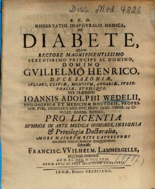 Dissertatio Inavgvralis Medica, De Diabete