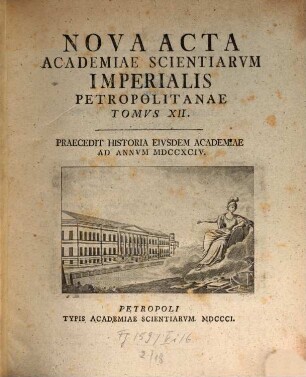 Nova acta Academiae Scientiarum Imperialis Petropolitanae : praecedit historia eiusdem academiae ad annum .... 12. 1794