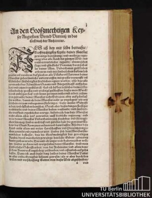 An den Großmechtigen Keyser Augustum Vorred Vitruuii/ in das Erst Buch der Architectur.