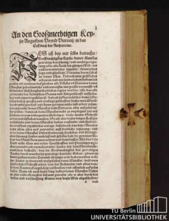 An den Großmechtigen Keyser Augustum Vorred Vitruuii/ in das Erst Buch der Architectur.