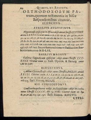Orthodoxorum Patrum, quorum testimonia in hisce Responsionibus citantur, Elenchus.
