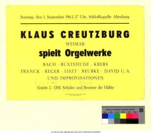 Originaltitel: Schloßkapelle Altenburg Klaus Creutzburg, Weimar spielt Orgelwerke Bach, Buxtehude, Krebs, Franck, Reger, Liszt, Reubke, David