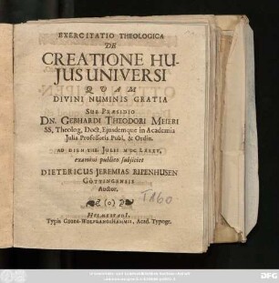 Exercitatio Theologica De Creatione Huius Universi