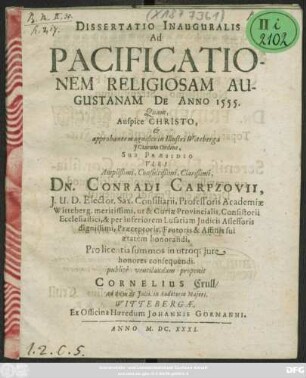 Dissertatio Inauguralis Ad Pacificationem Religiosam Augustanam De Anno 1555.