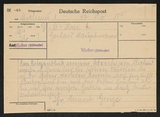 Brief von Heinrich George an Gerhart Hauptmann