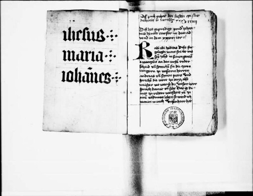 Zierschrift mit Punktrosetten: „Ihesus. Maria. Iohannes“