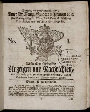 No. 1. Montags, den 5ten Januarii, 1756.