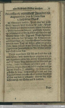 Processus 16. vermittelst Zinnober ein Augmentum [...]nae & Lunae fixae 2. Loth in der Marck