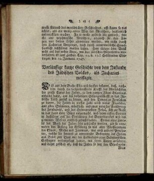 Vorläufige kurtze Geschichte von dem Zustande des Jüdischen Volckes, als Zacharias weissagte.