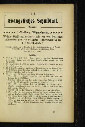 Welche Stellung nehmen wir zu den heutigen Kämpfen um die religiöse Unterweisung in der Volksschule? : Vortrag, gehalten am 4. November in der Generalversammlung des Vereins evangelischer Lehrer und Schulfreunde zu Mülheim a. Ruhr