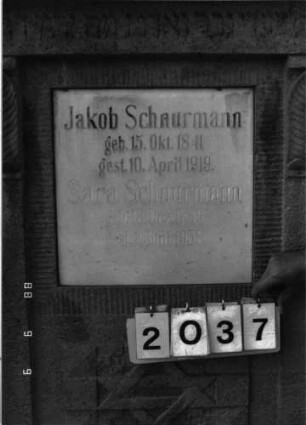 Grabstein 2037 (Index: 100096900) Symbolik: Davidstern Besonderheit: Doppelgrab für Eheleute; - keine Maßangaben vorhanden: Grabstein 2037 (Detailaufnahme 2)