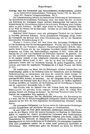 729-731, Vorträge über den Vorentwurf zum österreichischen Strafgesetzbuch. 1911