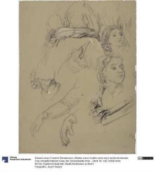 Skizzen eines Kopfes einer nach rechts blickenden Frau mit geflochtenem Haar, der Gewandpartie ihrer Taille und ihrer rechten Hand (Studie zu "Wegführung der Juden in die Babylonische Gefangenschaft")