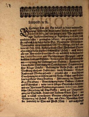 Copia Ihro Kaiserl. Majest. Schreibens, An die Kaiserl. Commissarios zu Regenspurg : den 16. Martij, Anno Christi 1674.