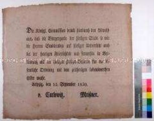 Bekanntmachung der königlichen sächsischen Kommission über die Zusammenarbeit von Bürgerwehr und Studenten zur Erhaltung von öffentlicher Ruhe und Ordnung
