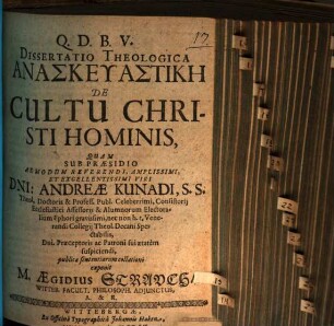 Diss. theol. anaskeuastikē de cultu Christi hominis