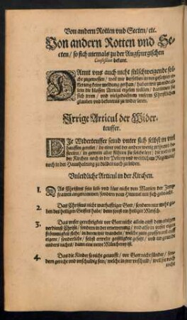 Von andern Rotten und Secten/ so sich niemals zu der Augspurgischen Confeßion bekant.