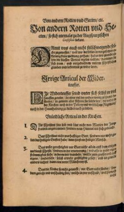 Von andern Rotten und Secten/ so sich niemals zu der Augspurgischen Confeßion bekant.