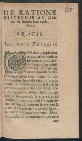 De Ratione Discendae Ac Docendae linguae Latinae & Graecae. Oratio. Johannis Posselii.