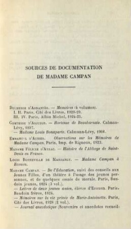 Sources De Documentation De Madame Campan