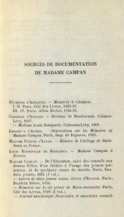 Sources De Documentation De Madame Campan