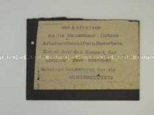 Hektografierter Handzettel mit der Aufforderung an die Einwohner einer Kleinstadt, eine Veranstaltung der Nazis zu boykottieren (auf Karton aufgeklebt)