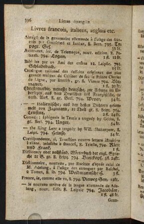 396-398, Livres francois, italiens, anglois etc.