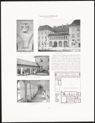 Feuerwache am Schillerpark, Berlin: Grundriss 1.OG, Ansicht, Ansicht Hof, Innenansicht Halle, Detail (aus: Neubauten der Stadt Berlin, Bd. XI, 1912)